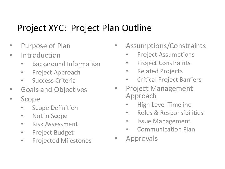 Project XYC: Project Plan Outline • • Purpose of Plan Introduction • Goals and