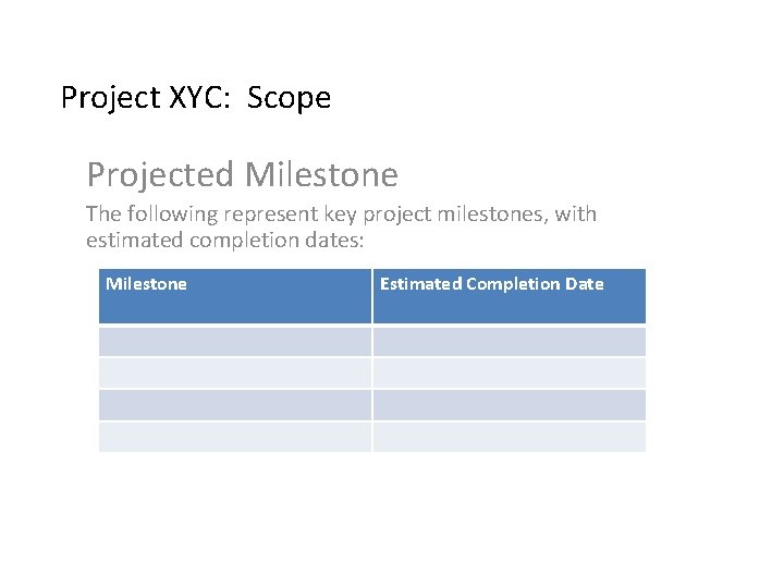 Project XYC: Scope Projected Milestone The following represent key project milestones, with estimated completion