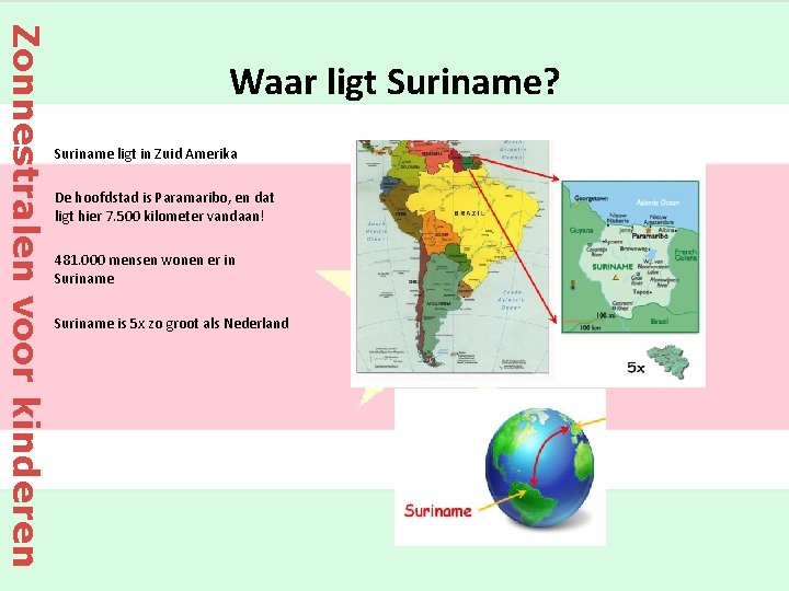 Zonnestralen voor kinderen Waar ligt Suriname? Suriname ligt in Zuid Amerika De hoofdstad is