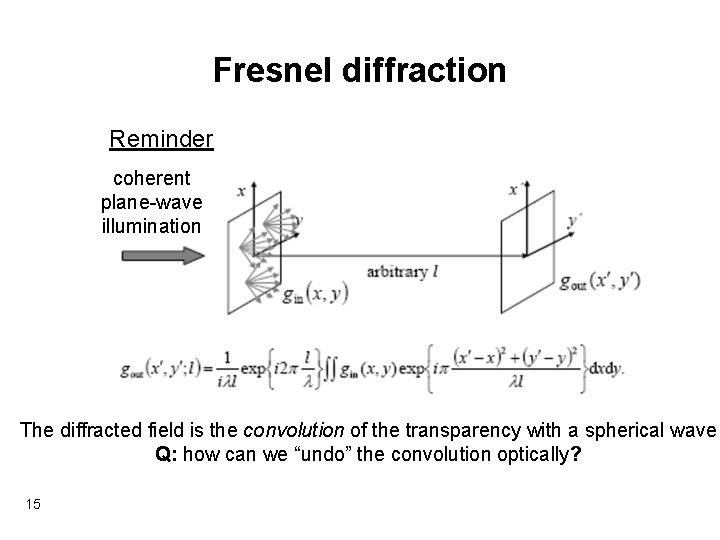 Fresnel diffraction Reminder coherent plane-wave illumination The diffracted field is the convolution of the