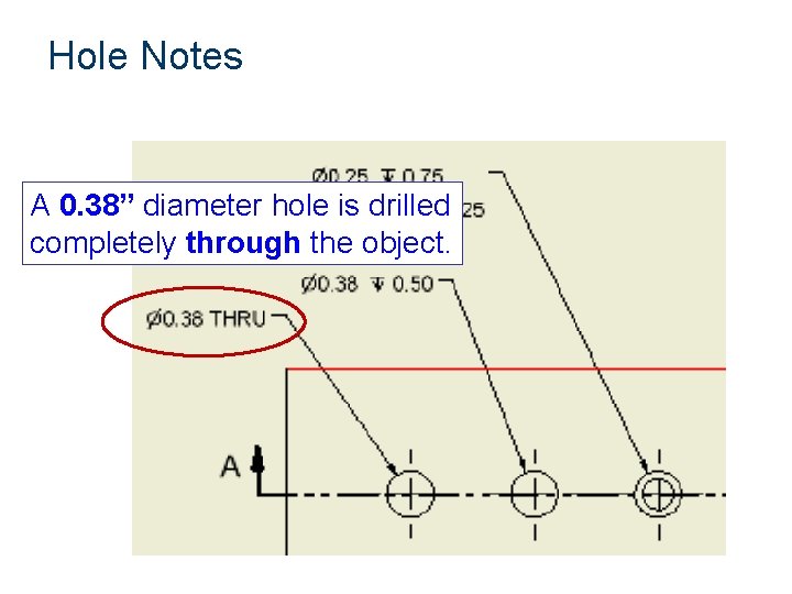 Hole Notes A 0. 38” diameter hole is drilled completely through the object. 