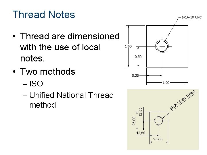 Thread Notes • Thread are dimensioned with the use of local notes. • Two