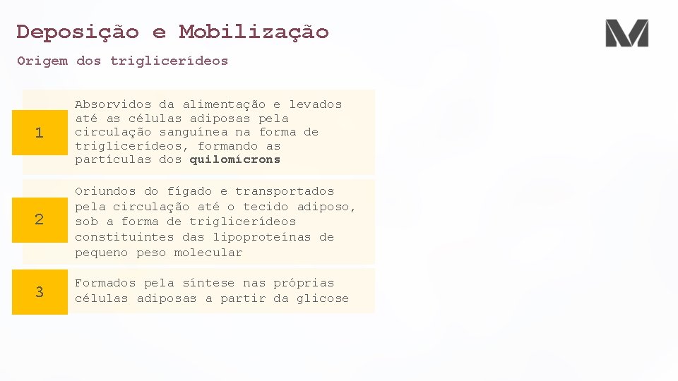 Deposição e Mobilização Origem dos triglicerídeos 1 Absorvidos da alimentação e levados até as Deposição e Mobilização Origem dos triglicerídeos 1 Absorvidos da alimentação e levados até as