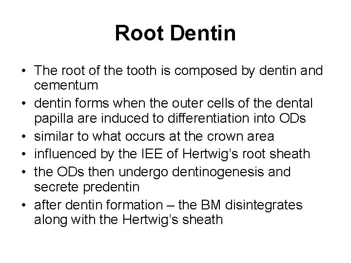 Root Dentin • The root of the tooth is composed by dentin and cementum