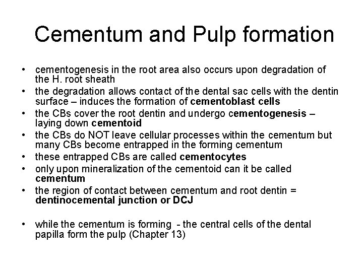 Cementum and Pulp formation • cementogenesis in the root area also occurs upon degradation