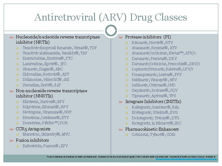 Antiretroviral (ARV) Drug Classes Nucleoside/nucleotide reverse transcriptase inhibitor (NRTIs) Tenofovir disoproxil fumarate, Viread®, TDF