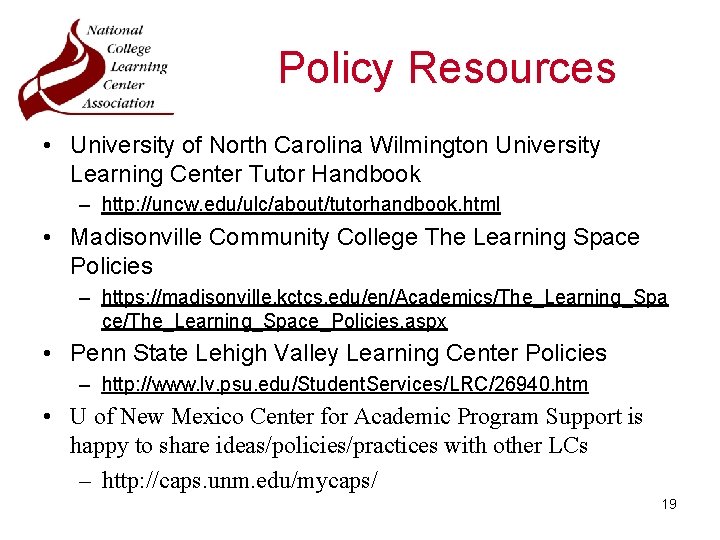 Policy Resources • University of North Carolina Wilmington University Learning Center Tutor Handbook –