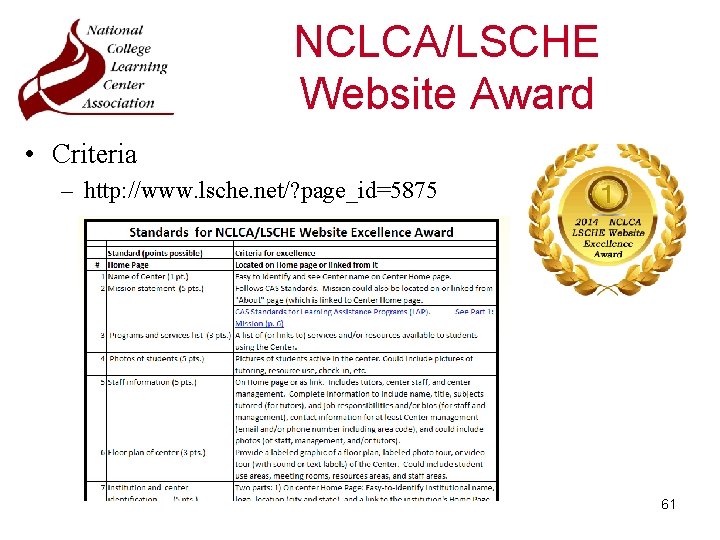 NCLCA/LSCHE Website Award • Criteria – http: //www. lsche. net/? page_id=5875 61 