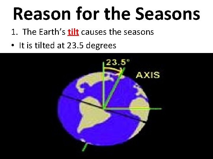 Reason for the Seasons 1. The Earth’s tilt causes the seasons • It is