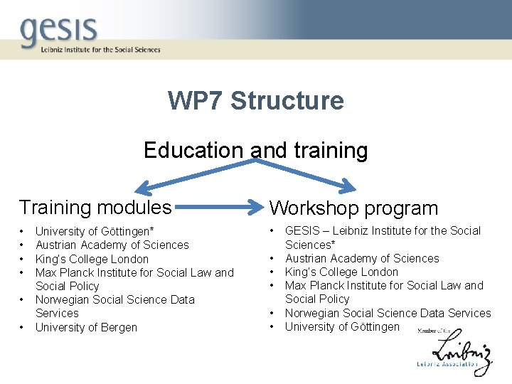WP 7 Structure Education and training Training modules Workshop program • • University of