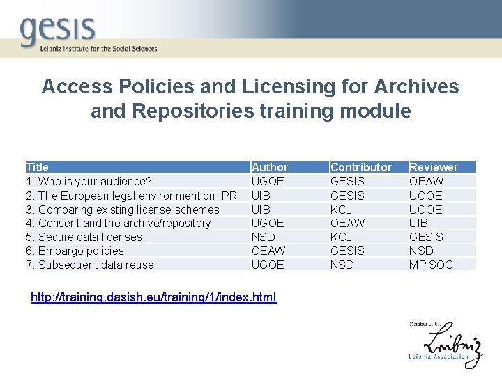 Access Policies and Licensing for Archives and Repositories training module Title 1. Who is