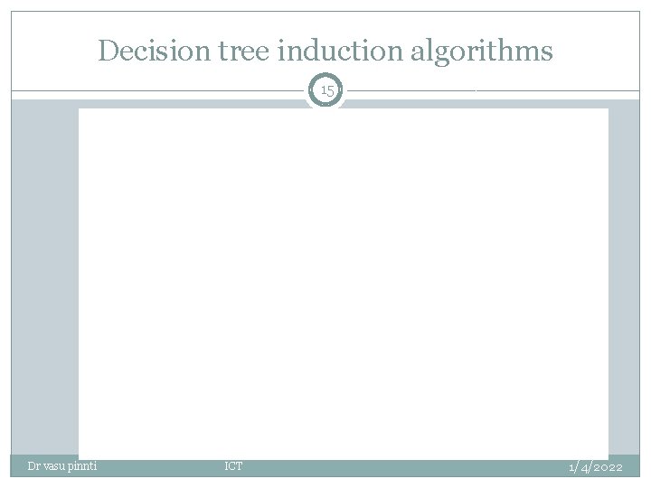 Decision tree induction algorithms 15 Dr vasu pinnti ICT 1/4/2022 Decision tree induction algorithms 15 Dr vasu pinnti ICT 1/4/2022
