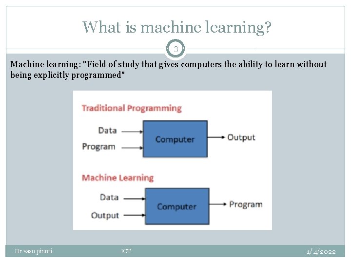 What is machine learning? 3 Machine learning: "Field of study that gives computers the What is machine learning? 3 Machine learning: "Field of study that gives computers the