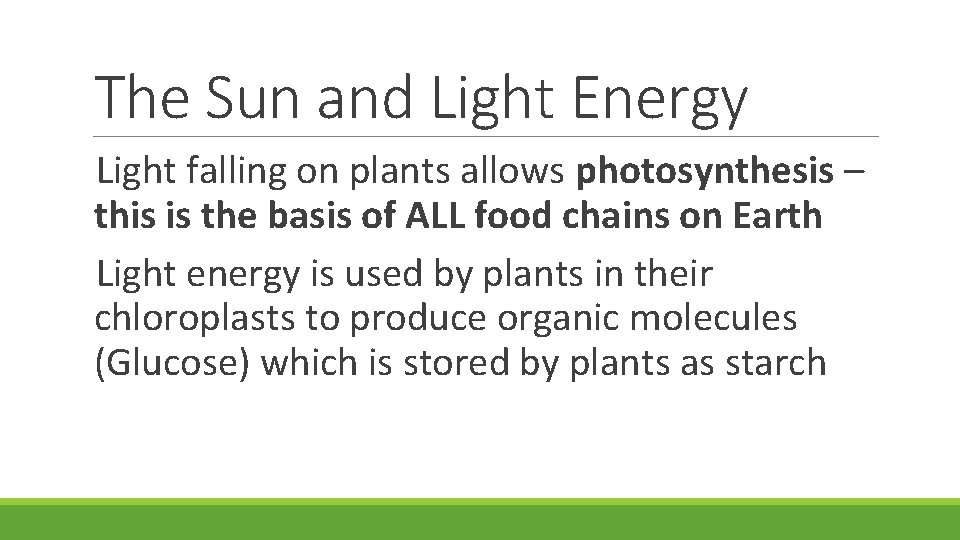 The Sun and Light Energy Light falling on plants allows photosynthesis – this is