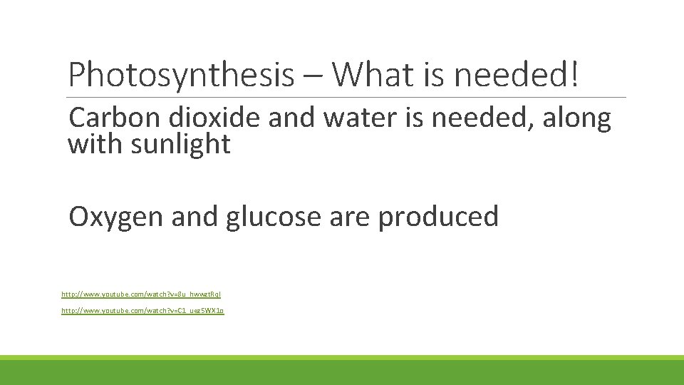 Photosynthesis – What is needed! Carbon dioxide and water is needed, along with sunlight
