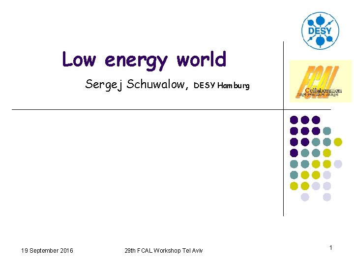 Low energy world Sergej Schuwalow, 19 September 2016 DESY Hamburg 29 th FCAL Workshop