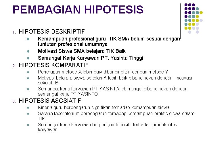 PEMBAGIAN HIPOTESIS 1. HIPOTESIS DESKRIPTIF l l l 2. HIPOTESIS KOMPARATIF l l l