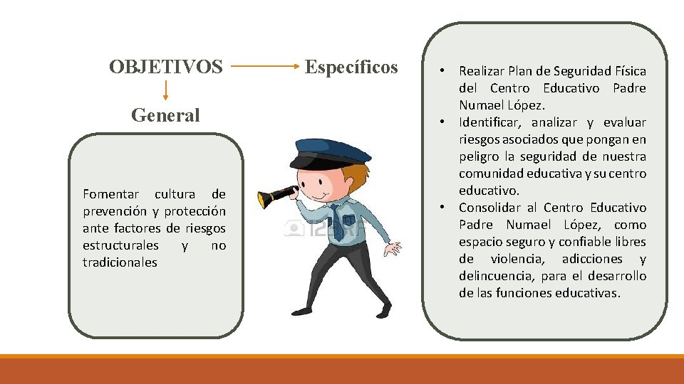 OBJETIVOS General Fomentar cultura de prevención y protección ante factores de riesgos estructurales y