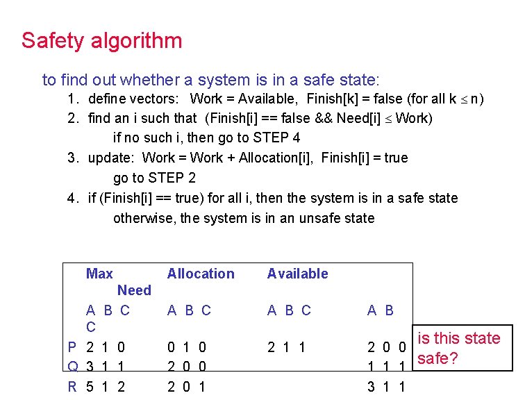 Safety algorithm to find out whether a system is in a safe state: 1.