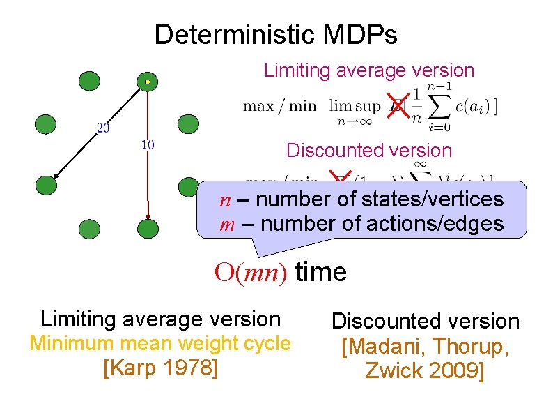 Deterministic MDPs Limiting average version Discounted version n – number of states/vertices m. One