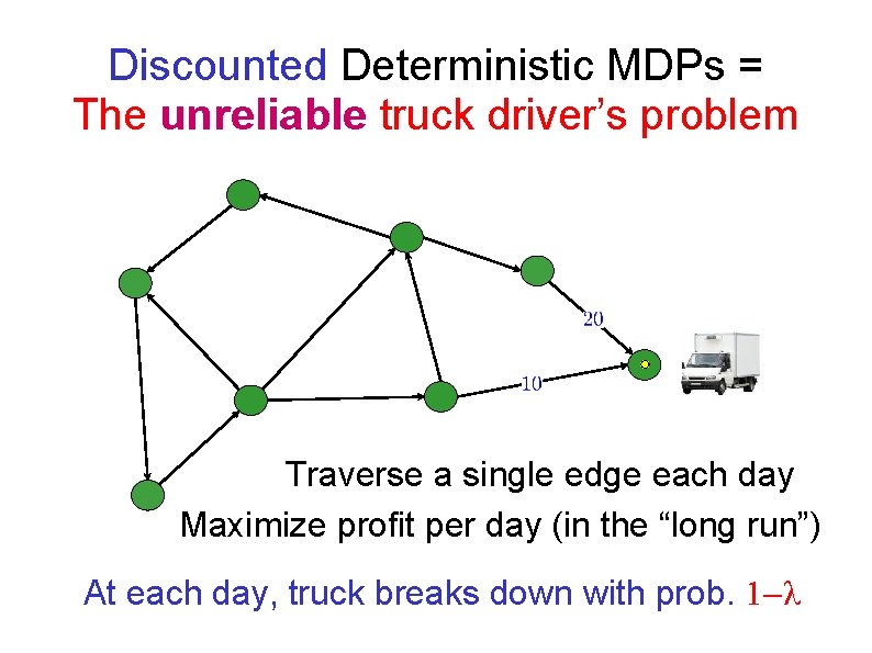 Discounted Deterministic MDPs = The unreliable truck driver’s problem Traverse a single edge each