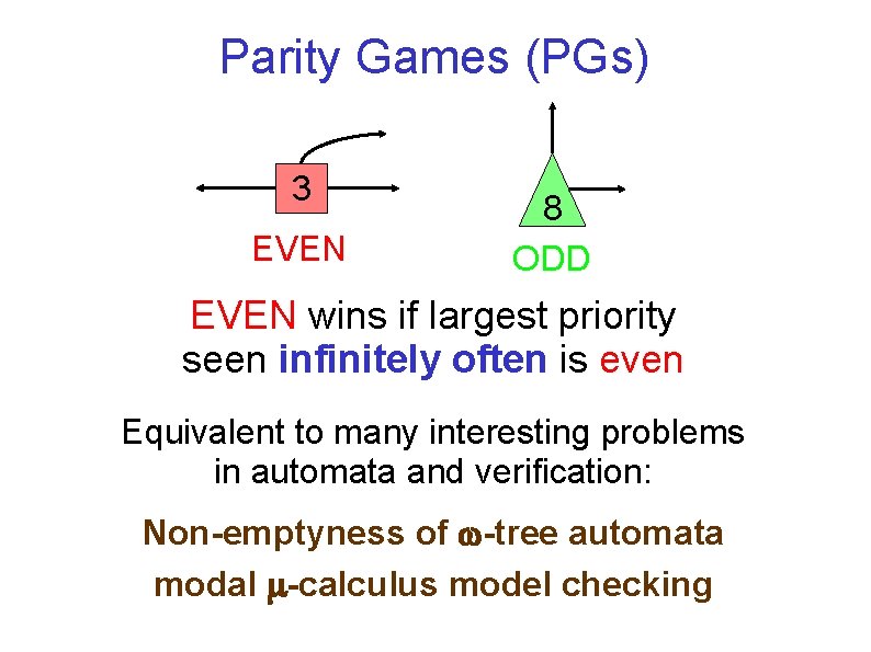 Parity Games (PGs) 3 EVEN 8 ODD EVEN wins if largest priority seen infinitely