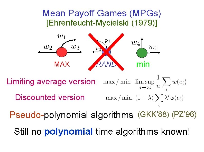 Mean Payoff Games (MPGs) [Ehrenfeucht-Mycielski (1979)] R MAX RAND min Limiting average version Discounted