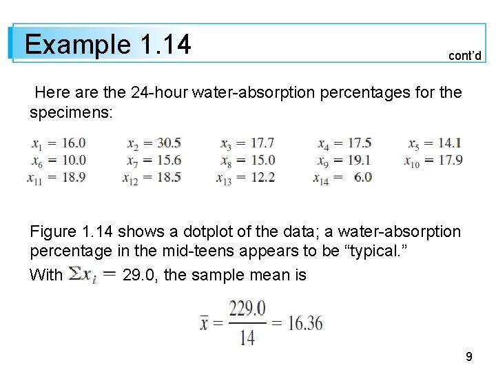 Example 1. 14 cont’d Here are the 24 -hour water-absorption percentages for the specimens: