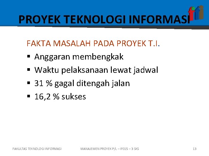 PROYEK TEKNOLOGI INFORMASI FAKTA MASALAH PADA PROYEK T. I. § Anggaran membengkak § Waktu