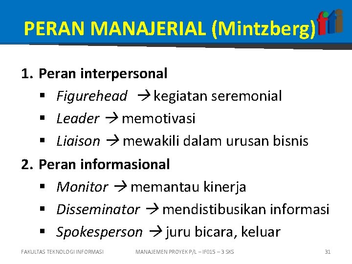 PERAN MANAJERIAL (Mintzberg) 1. Peran interpersonal § Figurehead kegiatan seremonial § Leader memotivasi §