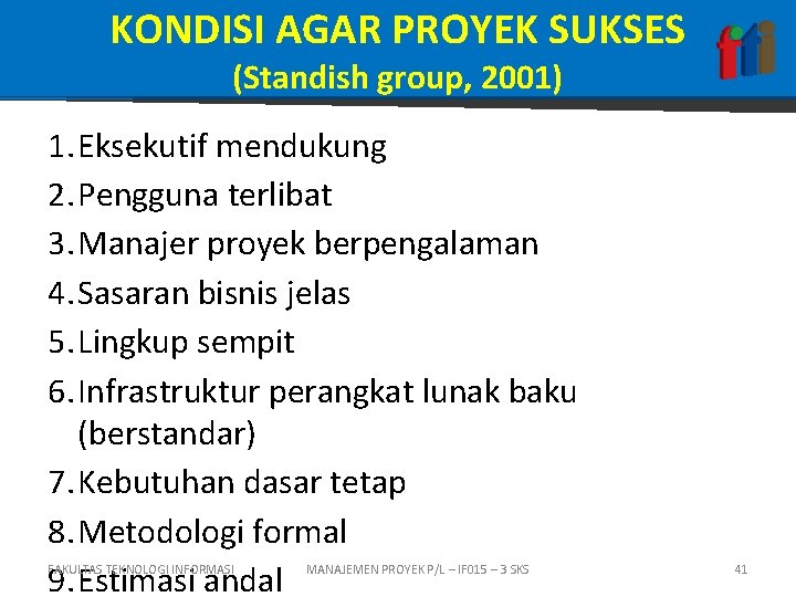 KONDISI AGAR PROYEK SUKSES (Standish group, 2001) 1. Eksekutif mendukung 2. Pengguna terlibat 3.