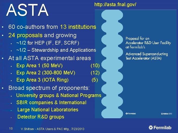 ASTA http: //asta. fnal. gov/ 60 co-authors from 13 institutions • 24 proposals and
