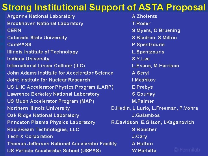Strong Institutional Support of ASTA Proposal Argonne National Laboratory A. Zholents Brookhaven National Laboratory
