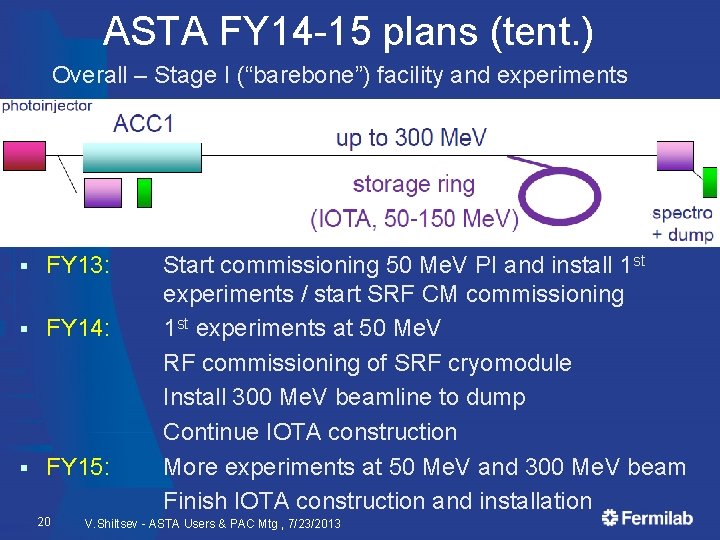 ASTA FY 14 -15 plans (tent. ) Overall – Stage I (“barebone”) facility and