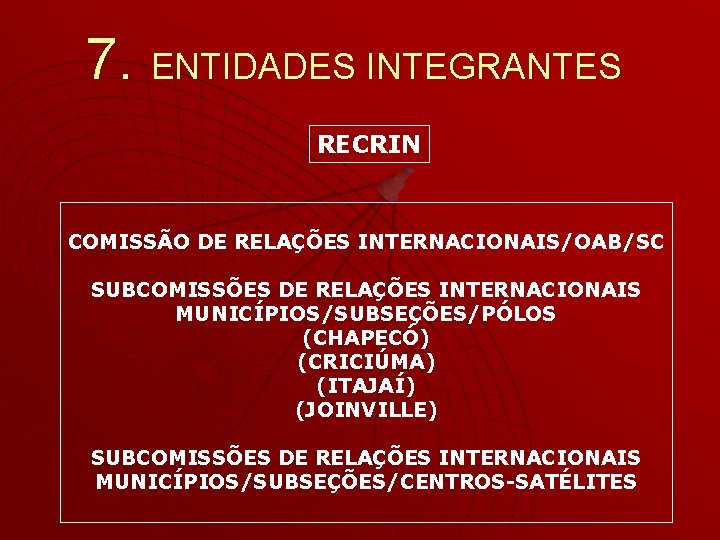7. ENTIDADES INTEGRANTES RECRIN COMISSÃO DE RELAÇÕES INTERNACIONAIS/OAB/SC SUBCOMISSÕES DE RELAÇÕES INTERNACIONAIS MUNICÍPIOS/SUBSEÇÕES/PÓLOS (CHAPECÓ) 7. ENTIDADES INTEGRANTES RECRIN COMISSÃO DE RELAÇÕES INTERNACIONAIS/OAB/SC SUBCOMISSÕES DE RELAÇÕES INTERNACIONAIS MUNICÍPIOS/SUBSEÇÕES/PÓLOS (CHAPECÓ)