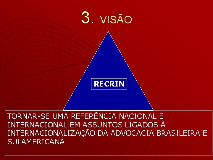 3. VISÃO RECRIN TORNAR-SE UMA REFERÊNCIA NACIONAL E INTERNACIONAL EM ASSUNTOS LIGADOS À INTERNACIONALIZAÇÃO