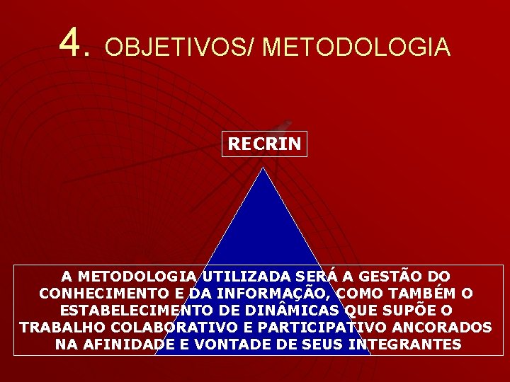 4. OBJETIVOS/ METODOLOGIA RECRIN A METODOLOGIA UTILIZADA SERÁ A GESTÃO DO CONHECIMENTO E DA