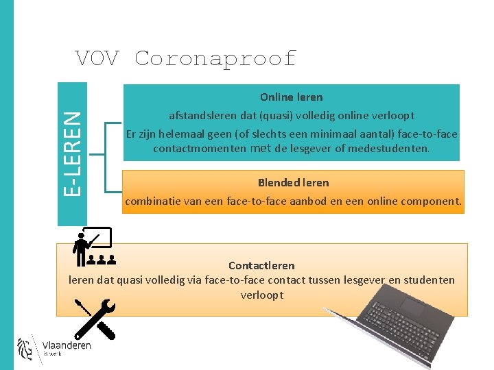 E-LEREN VOV Coronaproof Online leren afstandsleren dat (quasi) volledig online verloopt Er zijn helemaal