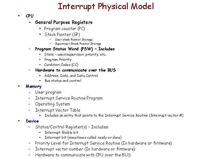 Interrupt Physical Model • CPU – General Purpose Registers • Program counter (PC) •