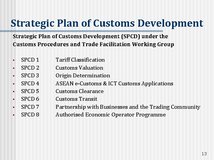 Strategic Plan of Customs Development (SPCD) under the Customs Procedures and Trade Facilitation Working