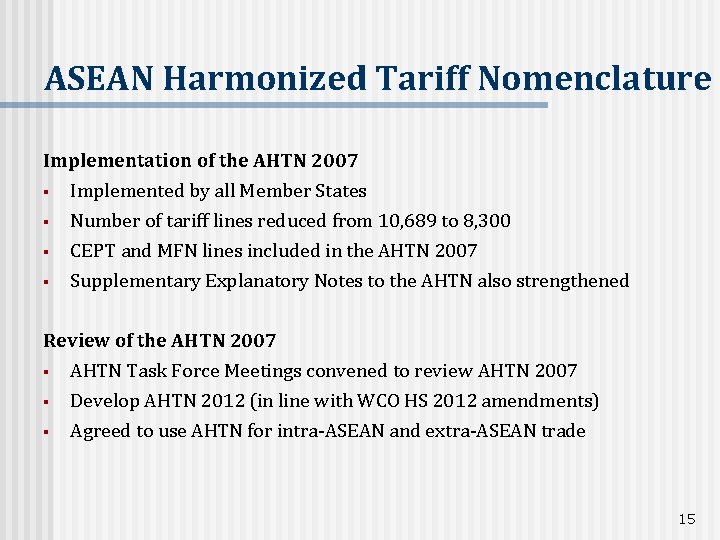 ASEAN Harmonized Tariff Nomenclature Implementation of the AHTN 2007 § Implemented by all Member