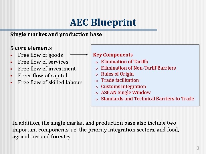 AEC Blueprint Single market and production base 5 core elements § Free flow of