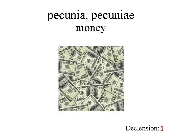 pecunia, pecuniae money Declension: 1 