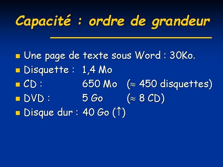 Capacité : ordre de grandeur Une page de texte sous Word : 30 Ko.