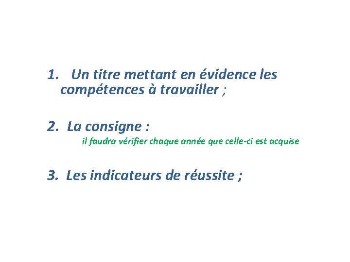 1. Un titre mettant en évidence les compétences à travailler ; 2. La consigne
