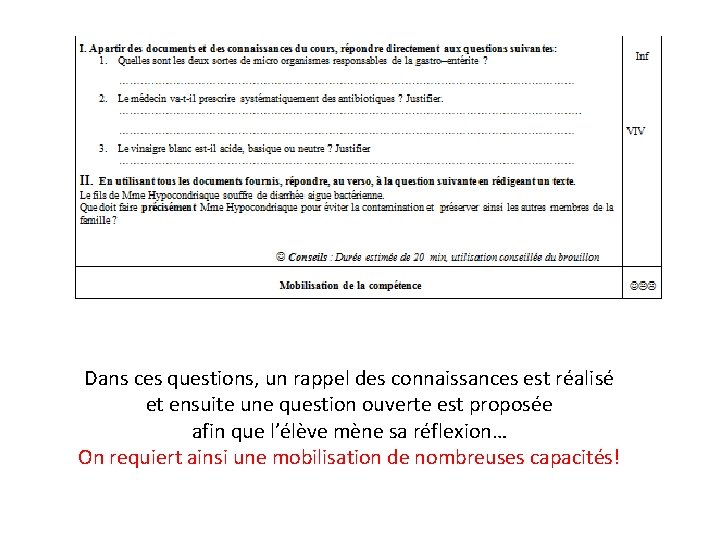 Dans ces questions, un rappel des connaissances est réalisé et ensuite une question ouverte