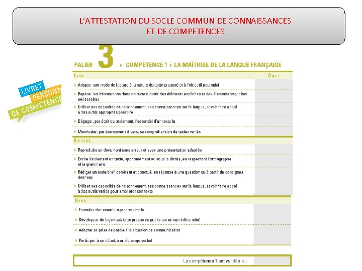 L’ATTESTATION DU SOCLE COMMUN DE CONNAISSANCES ET DE COMPETENCES 