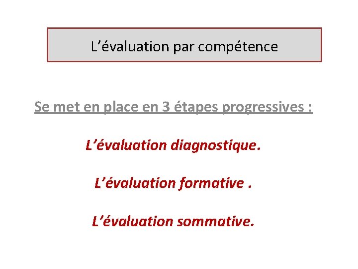 L’évaluation par compétence Se met en place en 3 étapes progressives : L’évaluation diagnostique