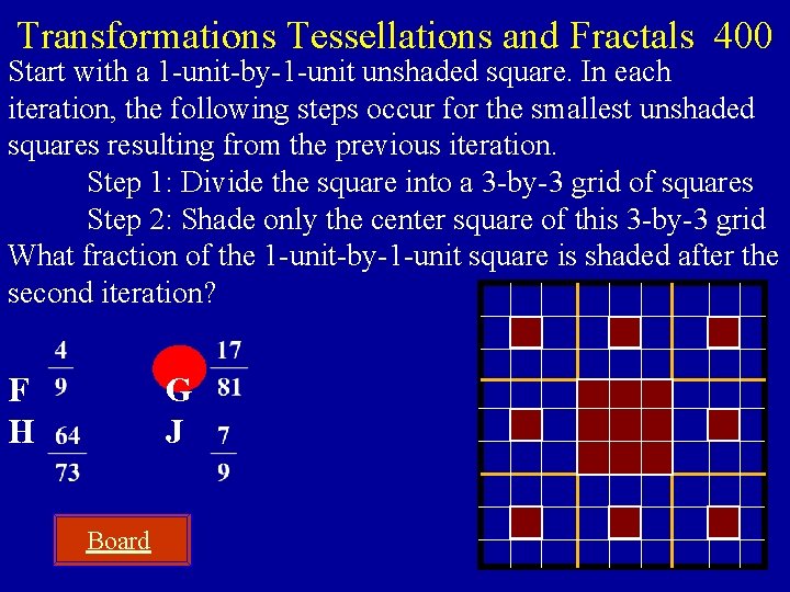 Transformations Tessellations and Fractals 400 Start with a 1 -unit-by-1 -unit unshaded square. In