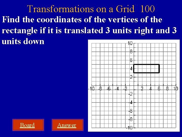 Transformations on a Grid 100 Find the coordinates of the vertices of the rectangle